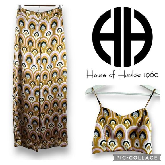 House of Harlow 1960 Pants - House Of Harlow 1960 Women's S/M 2Pc Jumpsuit Gold Pink Boho Hippie Print Satin